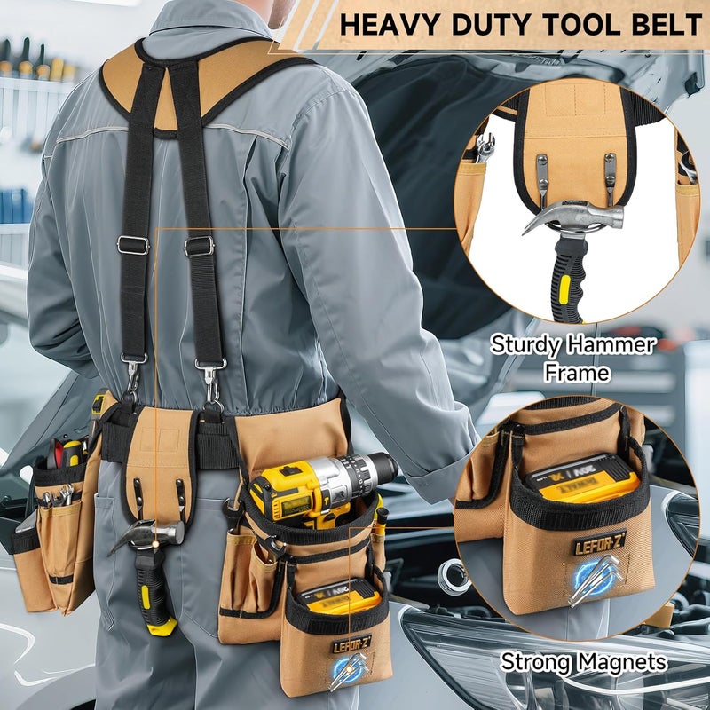 LEFORZ Tool Belt with Suspenders,27-Pockets Heavy Duty Tool Belts for Men with Magnetic Tool Pouch,Detachable & Adjustable Work Belt Bag for Electrician,Carpenter,Construction,Utility Toolbelt,Black,Brown - Image 4